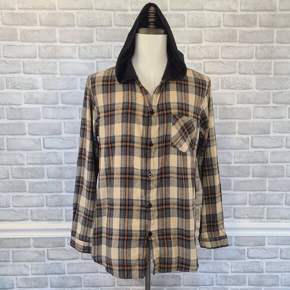 Plaid Hooded Flannel Button Up Mens Shirt M New Wave Street Culture Devil King - Picture 8 of 8